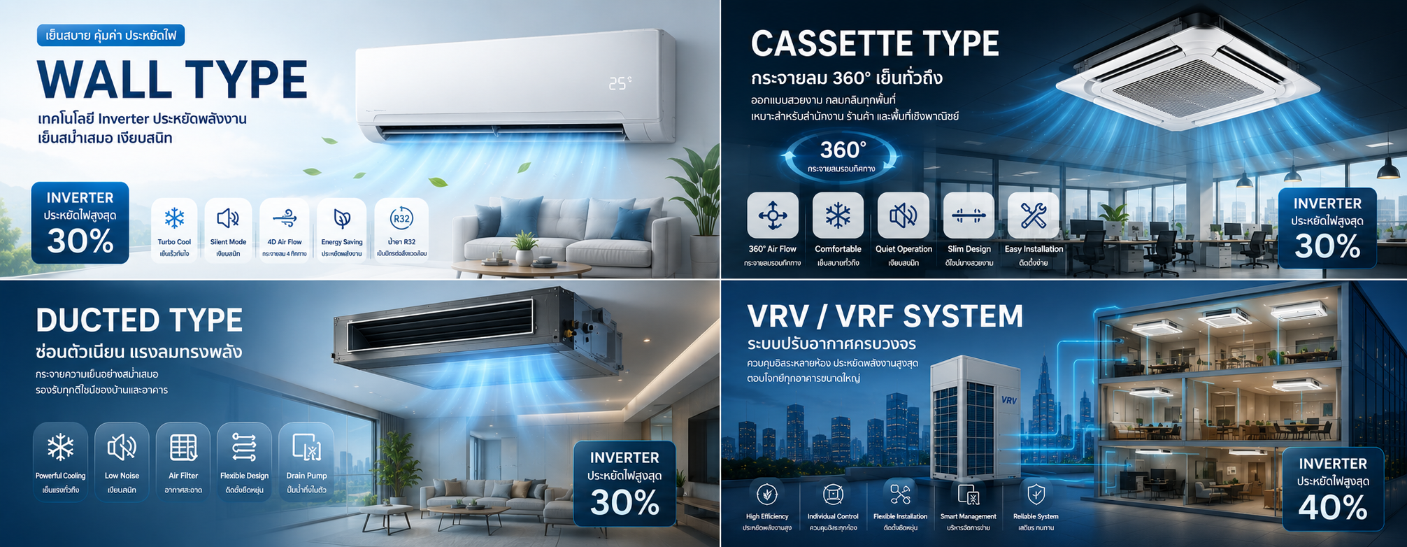 Wall Type, Cassette Type, Ducted Type, VRV/VRF